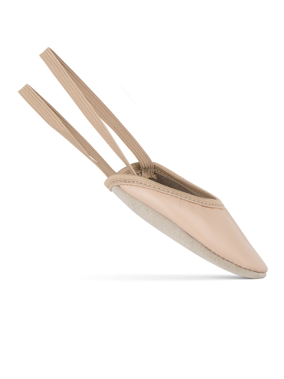 Beige Rumpf 1033 Gymnastik-Kappen mit doppelten elastischen Trägern, mit Fußschutz auf weißem Hintergrund.